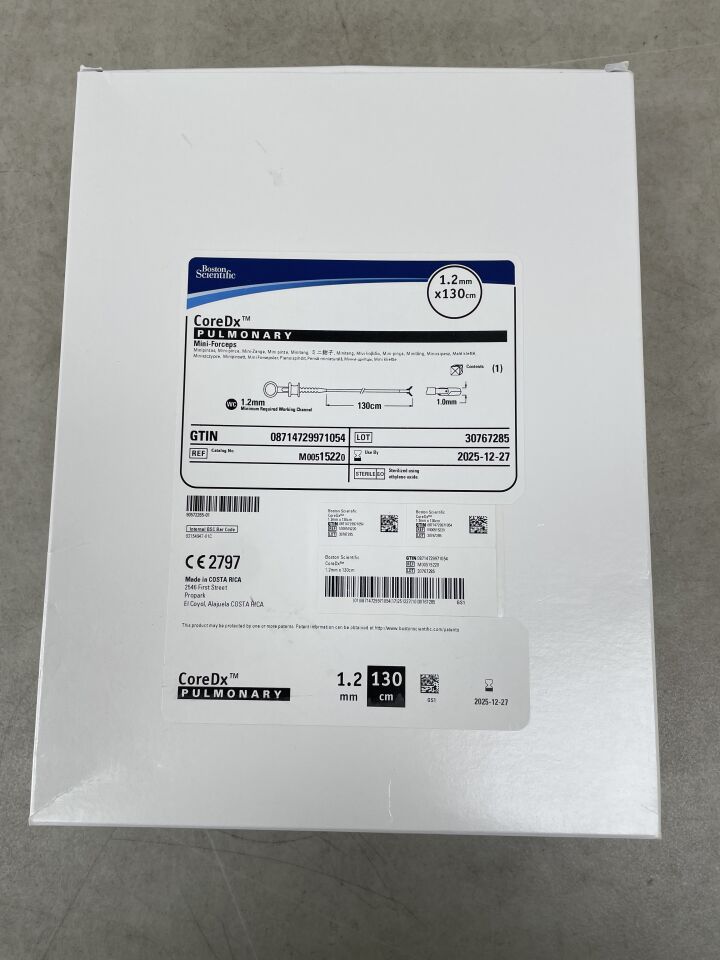 CoreDx Pulmonary Mini-Forceps medical device box, 1.2mm x 130cm, sterile, labeled for pulmonary use