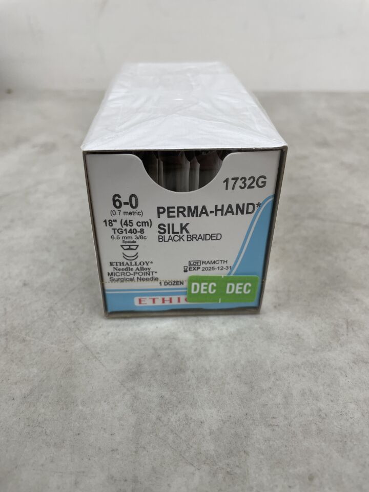 1732G  -  ETHICON  -  Perma-Hand Non-Absorbable Braided Silk Suture, Size 6-0, 18 in. Length, TG140-8 Needle , ( BX/12 )  -  ( Expiry Date : 2025-12-31 )