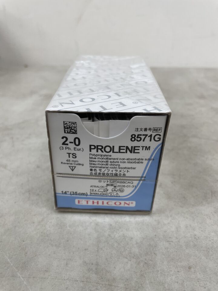 8571G - ETHICON - PROLENE 聚丙烯縫合線，直型切割針，不可吸收，TS 48mm / TS 直型，藍色單絲 14" = 35cm，規格：2-0，（盒/12）-（有效期至：2026-01-31）