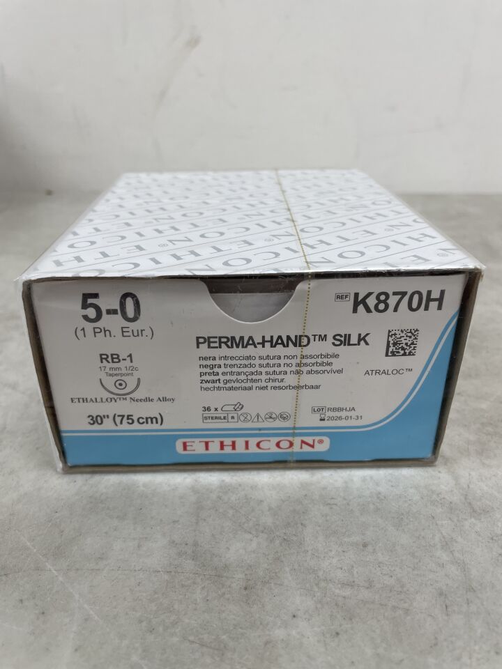 K870H - ETHICON - Perma-Hand 不可吸收編織絲線，5-0 號，30 英吋長，RB-1 針，（BX/36）-（有效期至：2026-01-31）