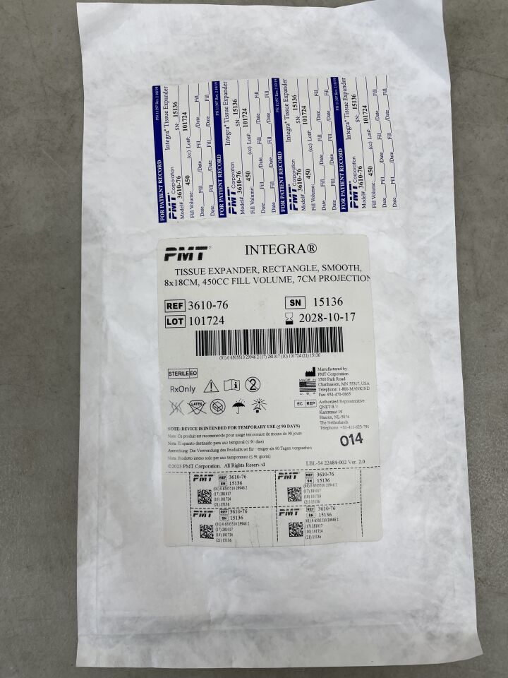 3610-76 - PMT - INTEGRA 組織擴張器，矩形，光滑，8 x 18厘米，450毫升，（每個）-（有效期至：2028年10月17日）