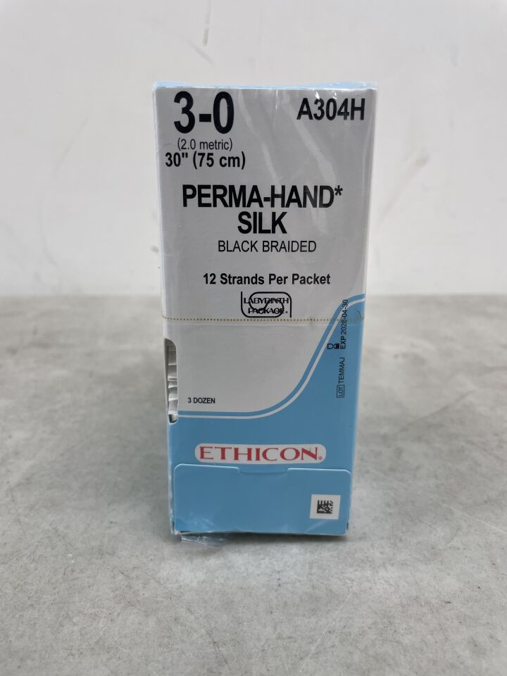 A304H - ETHICON - PERMA-HAND 絲線，SUTUPAK 預切縫線，迷宮式包裝，不可吸收，黑色編織，12-30" = 75cm，規格：3-0，（盒/36）-（有效期至：2028-04-30）