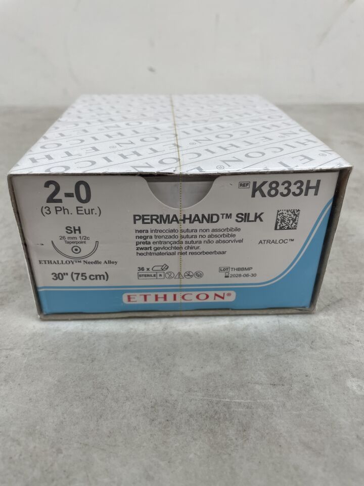 K833H - ETHICON - Perma-Hand 不可吸收編織絲線，2-0 號，30 英吋長，SH 針，（BX/36）-（有效期至：2028-06-30）