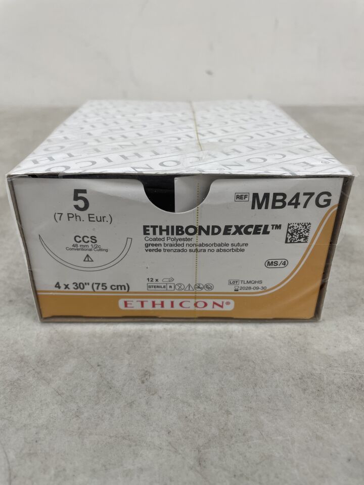 MB47G - ETHICON - Ethibond Excel 不可吸收編織聚酯縫合線，5-0 號，30 英吋長，CCS 針，（盒/12）-（有效期至：2028-09-30）