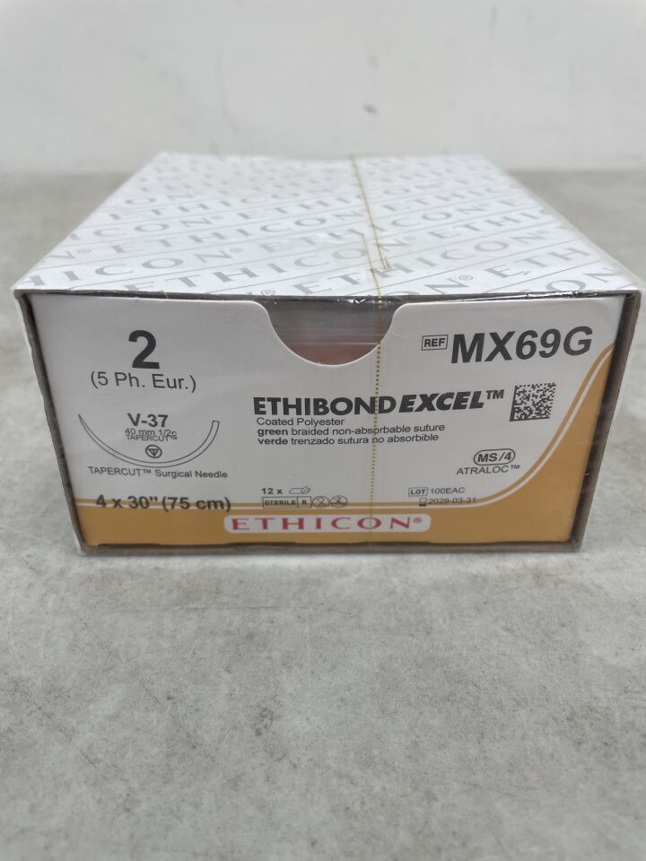 MX69G - ETHICON - Ethibond Excel 不可吸收編織聚酯縫合線，2 號，30 英吋長，V-37 針，（盒/12）-（有效期至：2029-03-31）