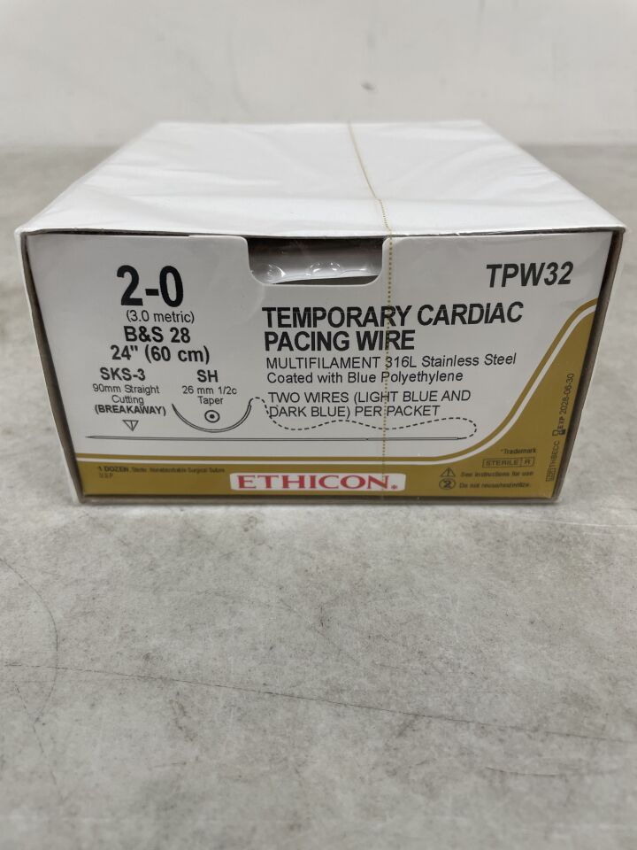 TPW32 - ETHICON - 臨時起搏線不可吸收編織不銹鋼縫合線，2-0號，（盒/12）-（有效期限：2028-06-30）
