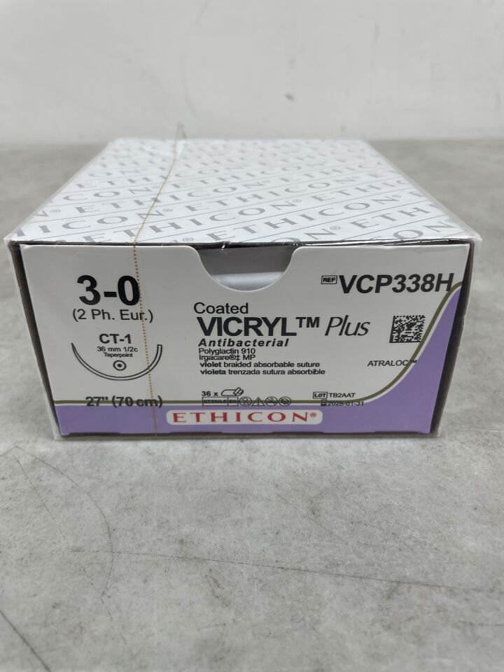 VCP338H - ETHICON - 塗層 VICRYL Plus 抗菌縫合線，錐形尖端，可吸收，紫色編織 27 英寸 = 70 厘米，尺寸：3-0，（盒/36）-（有效期至：2028-01-31）