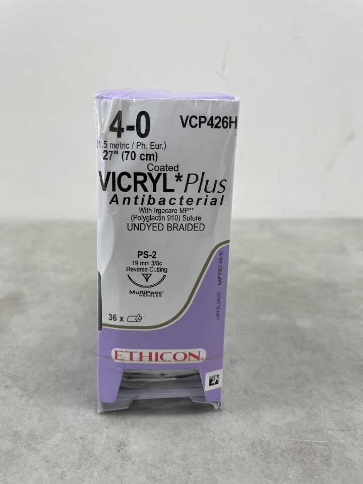 VCP426H - ETHICON - 塗層 Vicryl Plus 未染色編織縫合線，4-0 號，27 英吋長，PS-2 針，（BX/36）-（有效期至：2027-09-30）