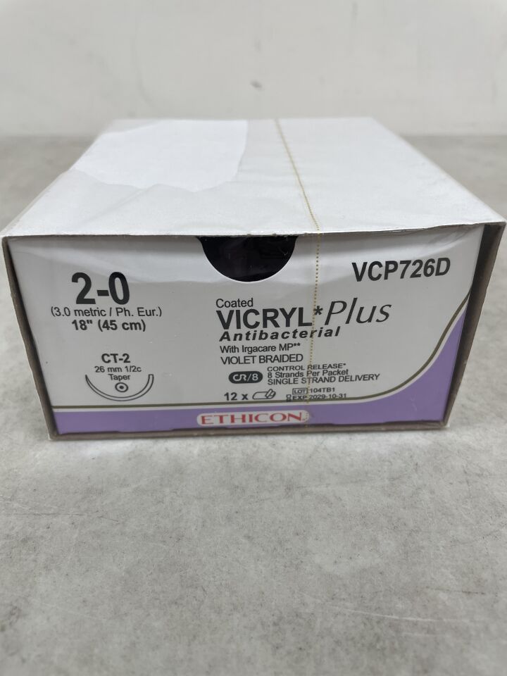 VCP726D - ETHICON - 塗層 Vicryl Plus 可吸收編織抗菌縫合線，2-0 號，18 英吋長，CT-2 針，（BX/36）-（有效期至：2029-10-31）