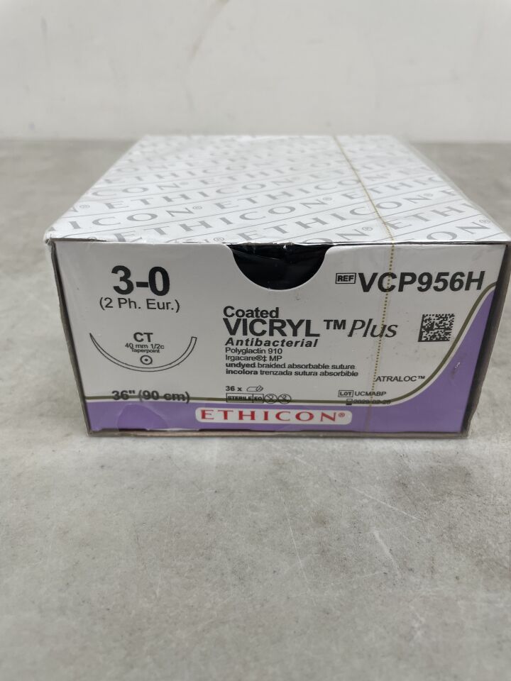 VCP956H - ETHICON - 塗層 Vicryl Plus 可吸收編織抗菌縫合線，3-0 號，36 英吋長，CT 針，（BX/36）-（有效期至：2029-02-28）