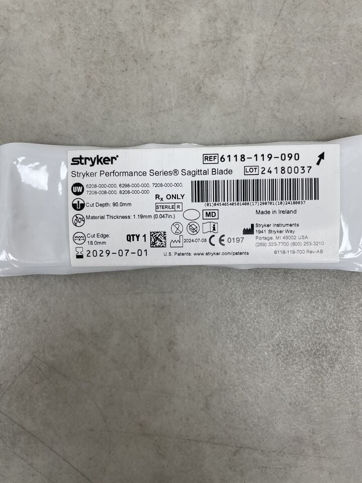 6118-119-090  -  STRYKER  -  Sagittal Saw Blade, 90 x 18mm, 1.19mm Cut Thickness , ( EA )  -  ( Expiry Date : 2029-07-01 )