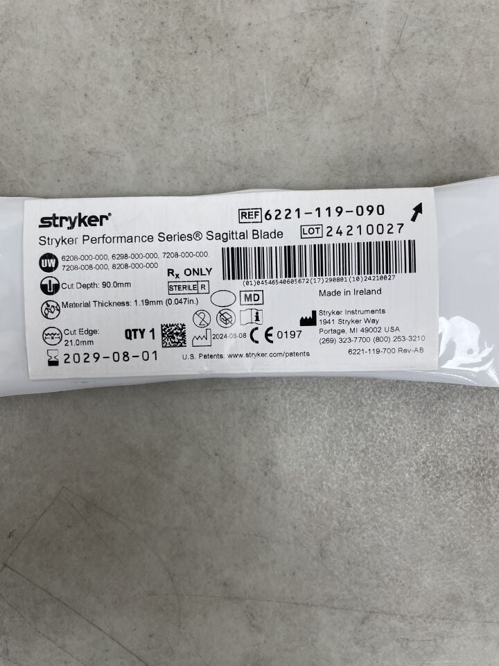 6221-119-090  -  STRYKER  -  Sagittal Saw Blade, 90 x 18mm, 1.19mm Cut Thickness , ( EA )  -  ( Expiry Date : 2029-08-01 )