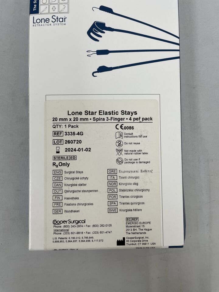 3335-4G - COOPER SURGICAL - Lone Star Elastic Stays, 20mm x 20mm, Spira 3-Finger (4 per pack), (BX/1) - ( Expiry Date: 2025-06-16 )