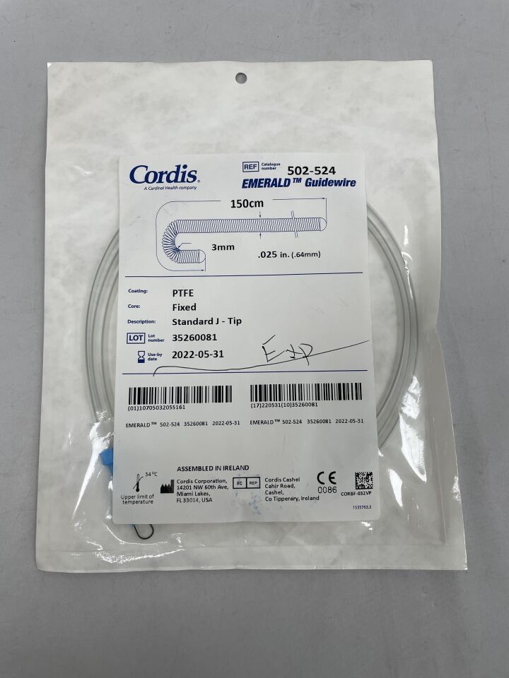 502-524 - CORDIS - PTFE Coated Emerald Guidewire: 0.025" x 150cm, Standard, J-Tip, (EA) - ( Expiry Date: 2024-10-31 )