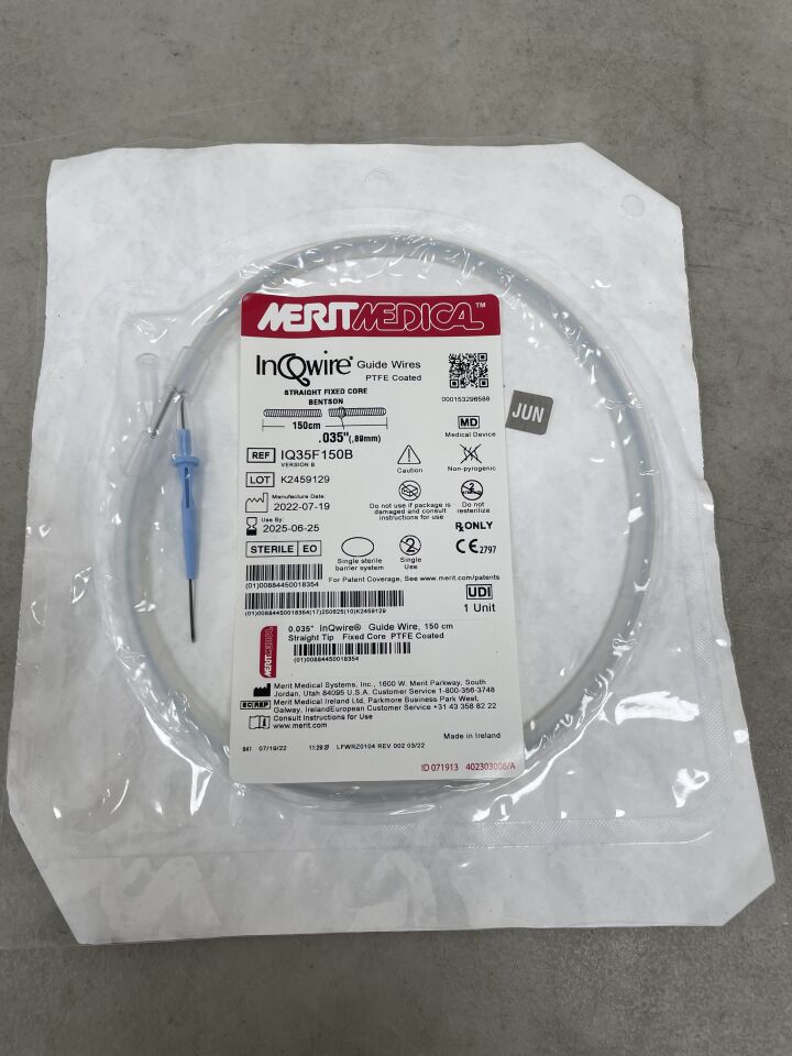 IQ35F150B - MERIT MEDICAL - InQwire Guide Wire 0.035" x 150cm, Bentson Straight Tip, Fixed Core, (EA) - ( Expiry Date: 2025-06-25 )