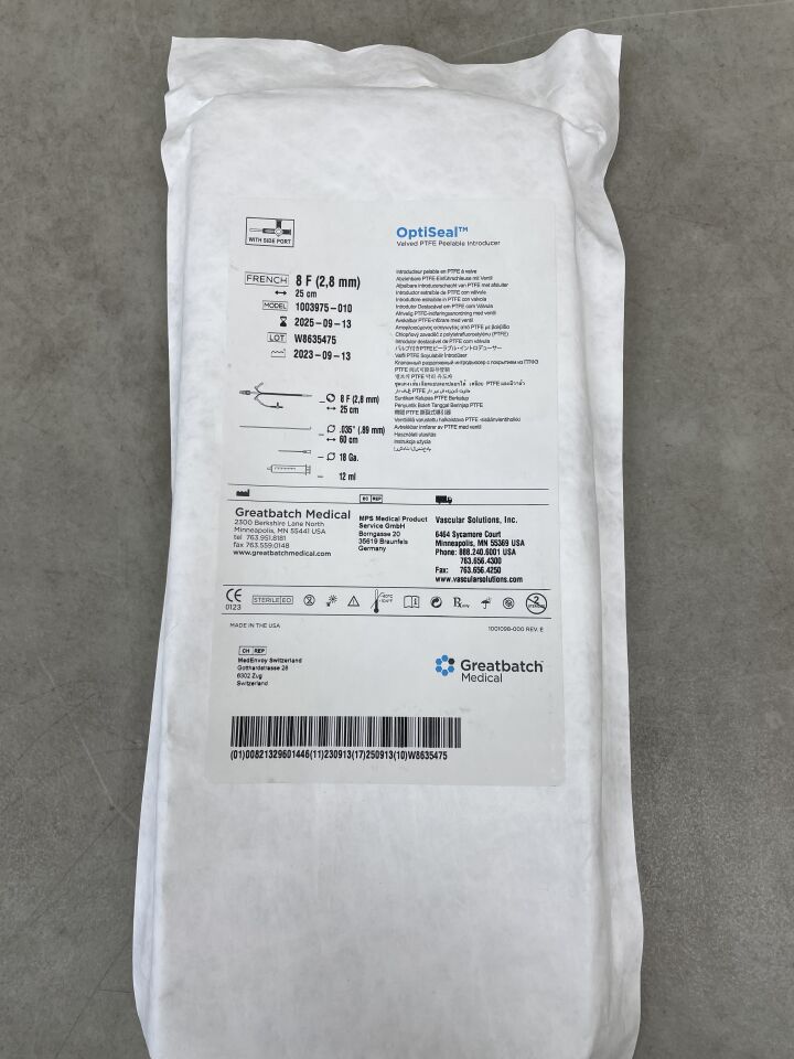 1003975-010 - GREATBATCH - OptiSeal Valved Peelable Introducer Kit 8F x 25cm, (EA) - ( Expiry Date: 2025-09-13 )