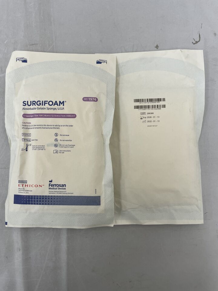 1974 - ETHICON - SURGIFOAM 可吸收明膠海綿，100 號，8 厘米 x 12.5 厘米 x 1 厘米，（EA）-（有效期至：2026 年 1 月 13 日）