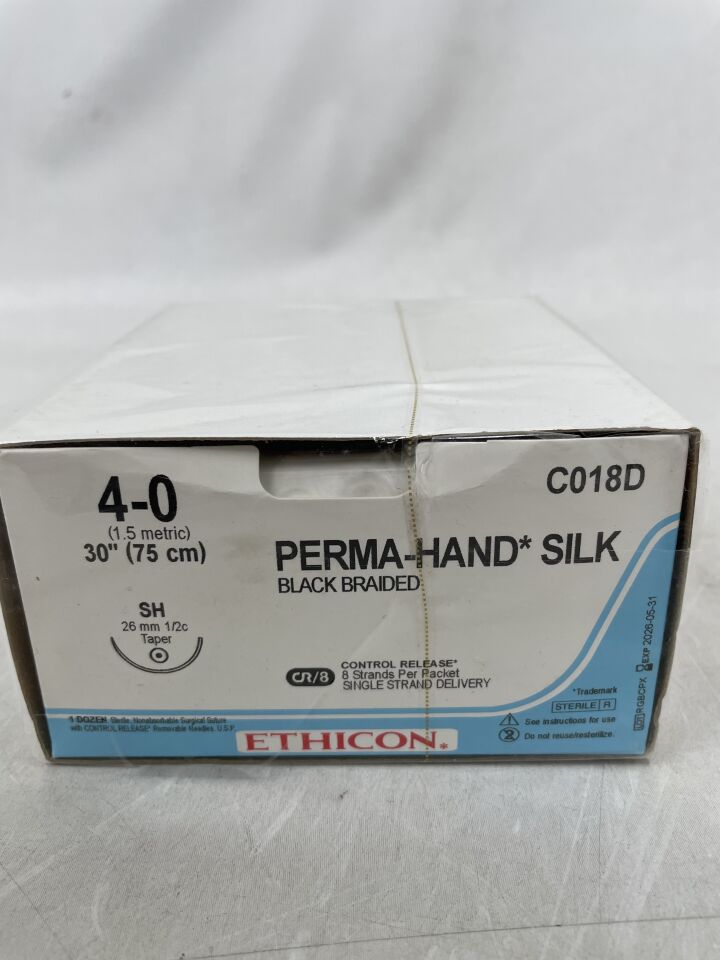 C018D - ETHICON - Perma-Hand 黑色編織絲外科縫合線，4-0 號，30 英吋長，半圓，26 毫米針長，（盒/12）-（有效期至：2026-05-31）