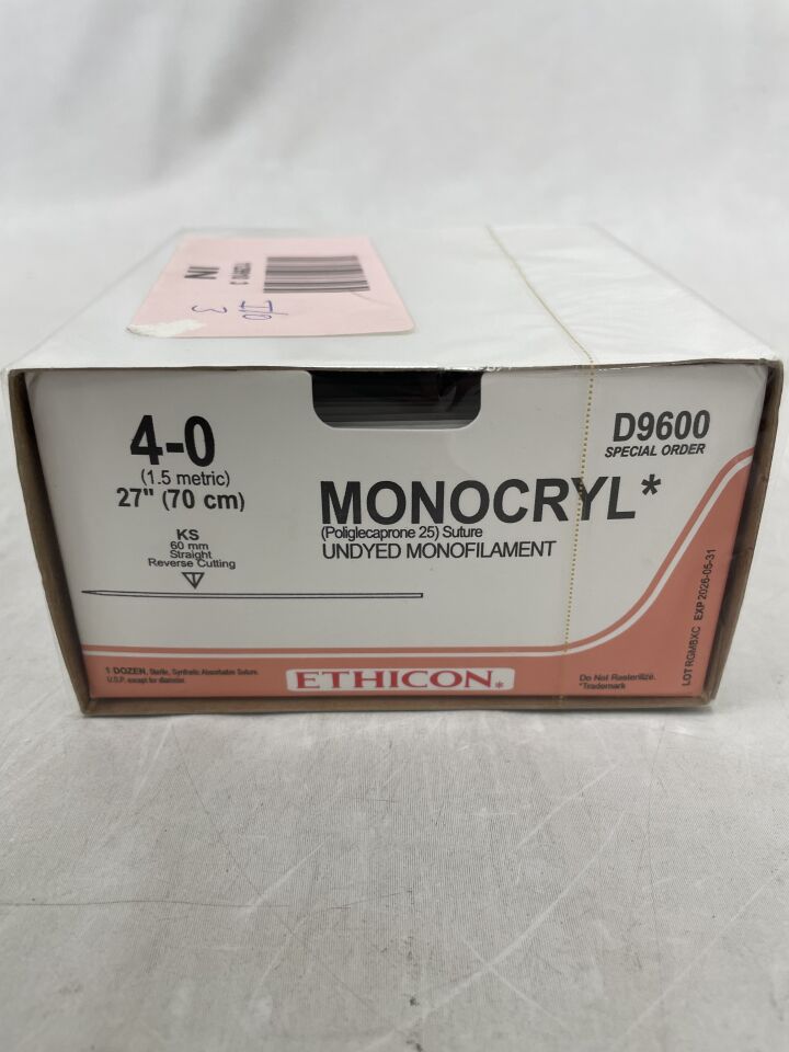 D9600 - ETHICON - Monocryl 可吸收單絲聚己內酯 25 縫合線，4-0 號，27 英吋長，KS 針，（盒裝/12）-（有效期至：2026-05-31）
