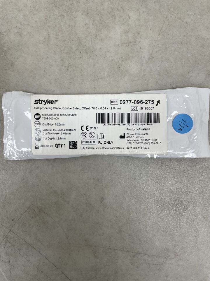 0277-096-275 - STRYKER - Reciprocating Blade, Double Sided 70mm x 0.64mm, (EA) - ( Expiry Date: 2024-07-01 )