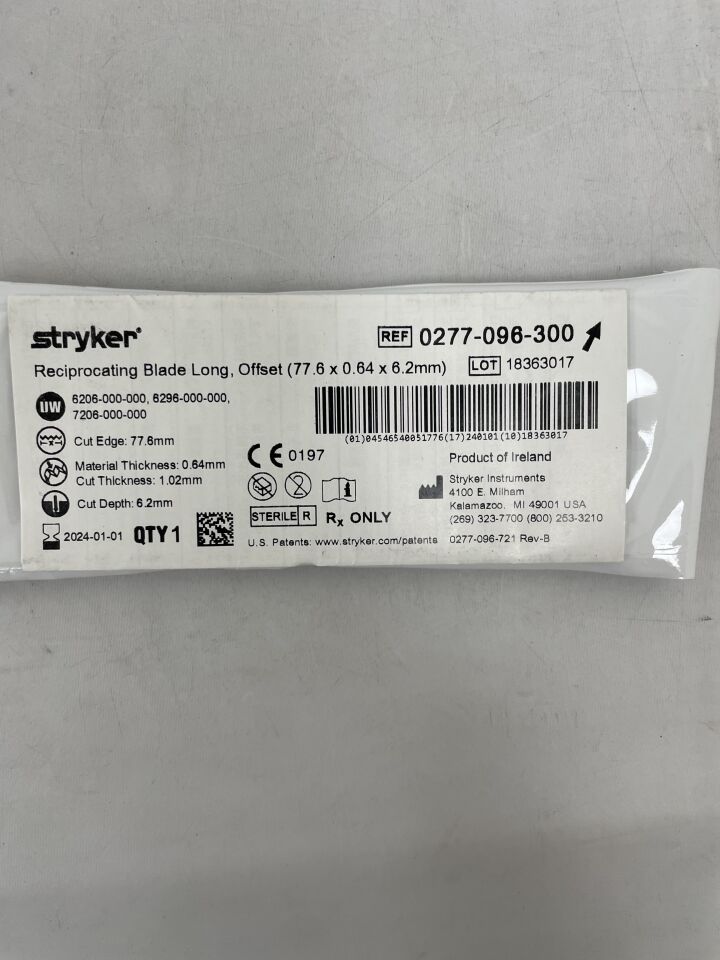 0277-096-300 - STRYKER - reciprocating blade, long, (EA) - ( Expiry Date: 2023-11-01 )