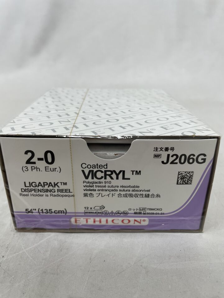 J206G - ETHICON - 塗層薇喬可吸收編織聚乳酸-羥基乙酸共聚物縫合線，2-0號，54英寸長，Ligapak捲軸式縫合針，（盒/12）-（有效期至：2028年1月31日）