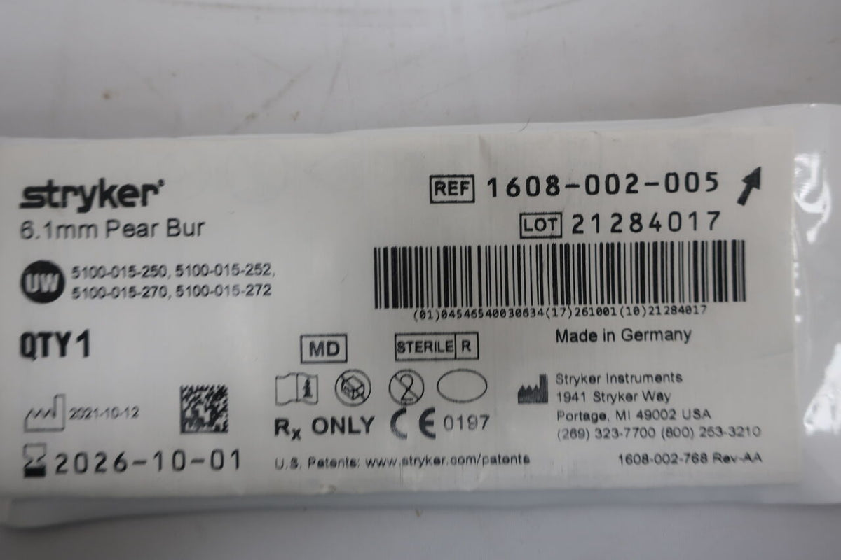 1608-002-005 - STRYKER - Pear Burr, 6.1 dia. x 10 mm Head Length, (EA)