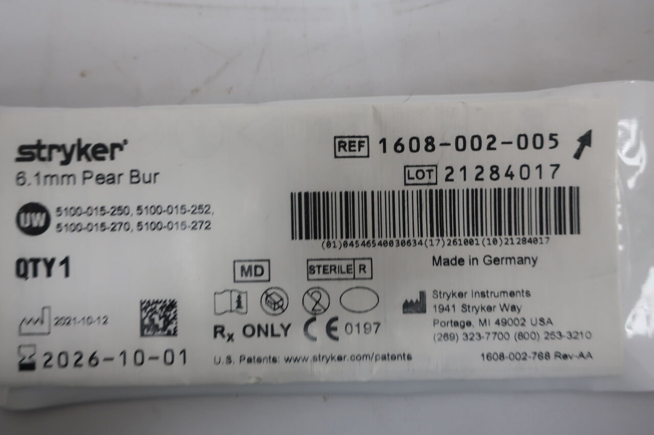 1608-002-005 - STRYKER - Pear Burr, 6.1 dia. x 10 mm Head Length, (EA) - ( Expiry Date: 2024-07-01 )