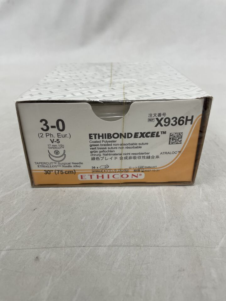 X936H - ETHICON - Ethibond Excel 不可吸收編織聚酯縫合線，3-0 號，30 英吋長，V-5 針，（BX/36）-（有效期至：2027-10-31）