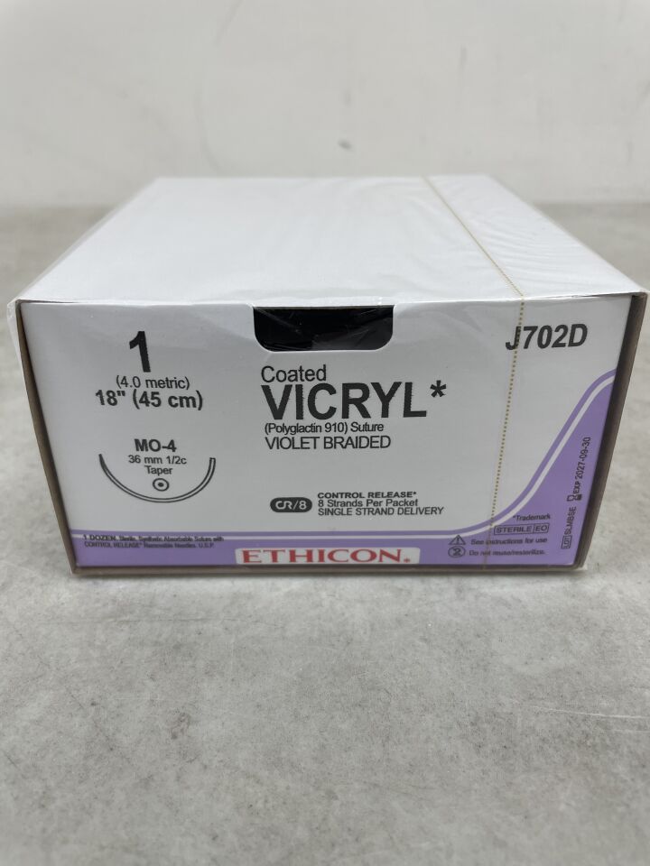 J702D - ETHICON - 塗層維克瑞爾（聚乳酸-羥基乙酸共聚物 910）縫合線，錐形尖端，可吸收，MO-4 36mm 半圓，紫色編織 8-18" = 45cm，規格：1，（盒/36）-（有效期：2027-09-30）