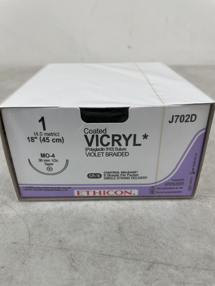 J702D - ETHICON - 塗層維克瑞爾（聚乳酸-羥基乙酸共聚物 910）縫合線，錐形尖端，可吸收，MO-4 36mm 半圓，紫色編織 8-18" = 45cm，規格：1，（盒/36）-（有效期至：2028-07-3cm，規格：1，（盒/36）-（有效期限至：2028-07-3cm，規格：1，（盒/36）-（有效期至：2028-07-3cm，規格：1