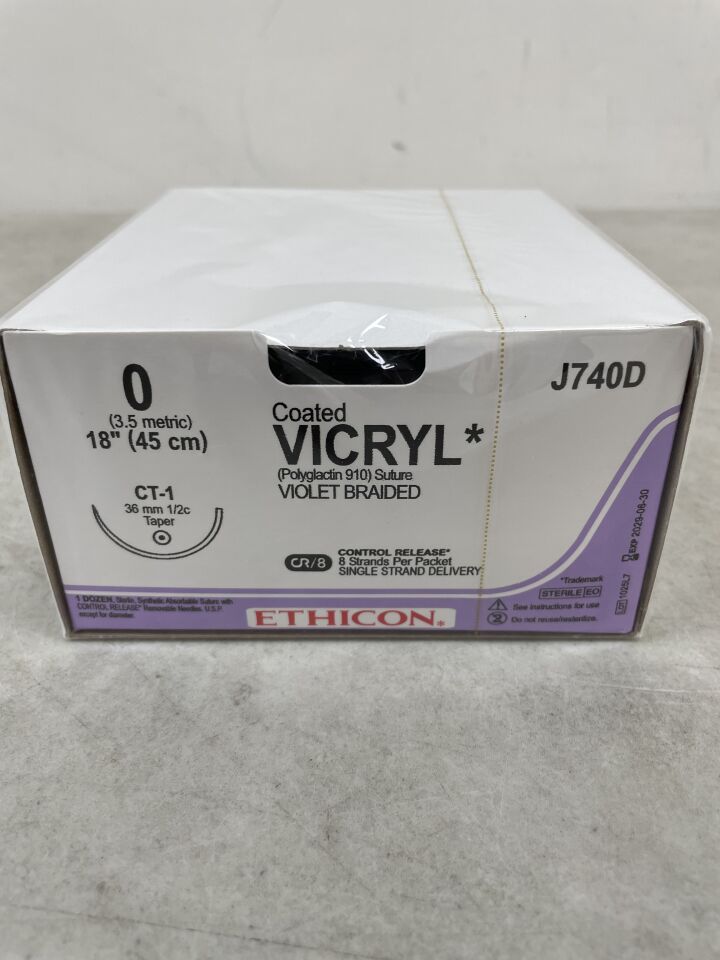 J740D - ETHICON - 塗層薇喬可吸收編織聚乳酸-羥基乙酸共聚物 910 縫合線，0 號，18 英寸長，CT-1 針，（盒/36）-（有效期至：2029-06-30）