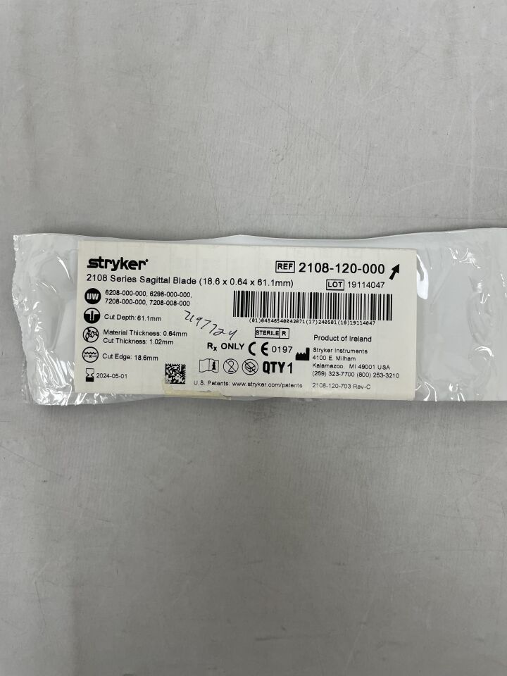 2108-120-000 - STRYKER - Sagittal Blade 14.8mm x 61mm x 0.97mm, (EA) - ( Expiry Date: 2023-07-01 )
