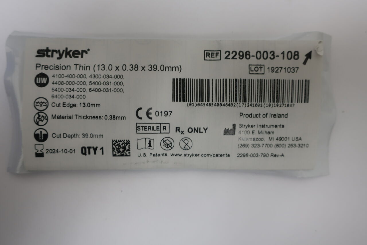 2296-003-108 - STRYKER - Precision Thin Extra Long Wide Blade, 39 L x 13 mm W, (EA) - ( Expiry Date: 2024-08-01 )