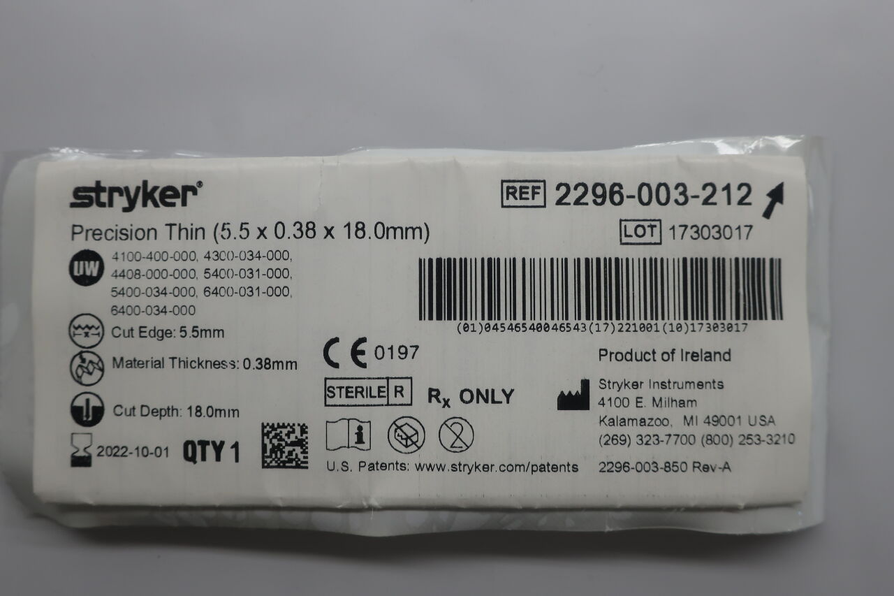 2296-003-212 - STRYKER - Precision Thin Medium Narrow Aggressive Blade, 18 L x 5.5, (EA) - ( Expiry Date: 2024-04-01 )