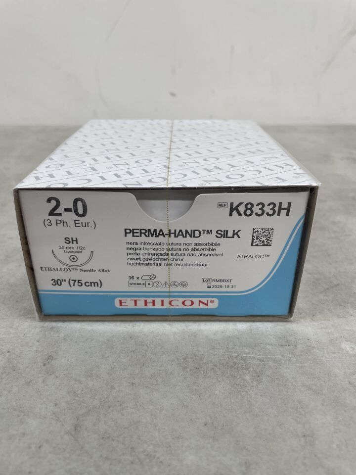 K833H - ETHICON - Perma-Hand 不可吸收編織絲線，2-0號，30吋長，SH針，（BX/36）-（有效期至：2026年10月31日）