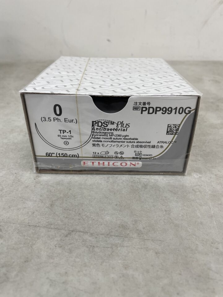 PDP9910G - ETHICON - PDS Plus 抗菌（聚二氧雜環己酮）縫合線，錐形尖端，可吸收，紫色單絲環 54" = 135cm，尺寸：0，（盒/12）-（有效期：2026-07-31）