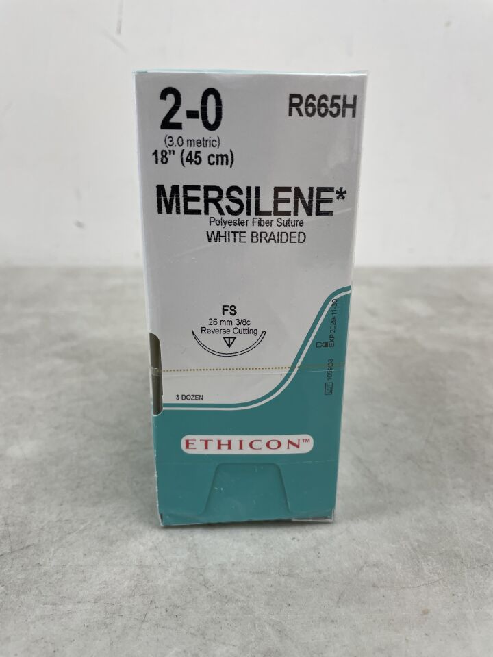 R665H - ETHICON - MERSILENE 聚酯纖維縫合線，反向切割，不可吸收，FS 26mm 3/8 圓，白色編織 18" = 45cm，尺寸：2-0，（BX/36）-（有效期至：2029-11-30）
