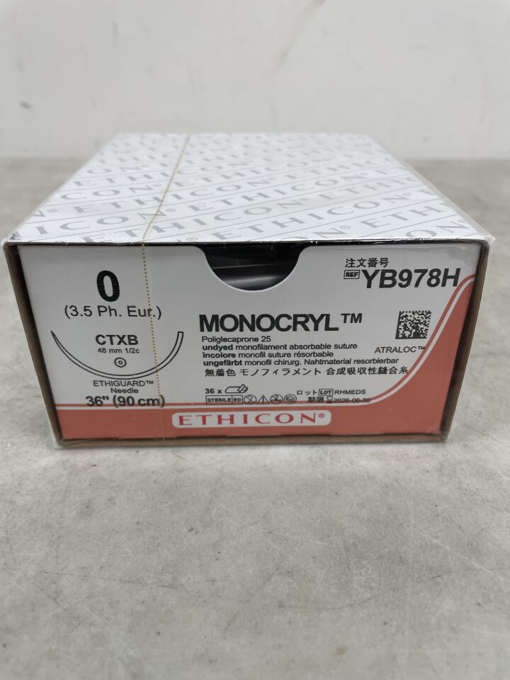 YB978H - ETHICON - Monocryl 可吸收單絲聚己內酯 25 縫合線，0 號，36 英吋長，CTXB 針，（BX/36）-（有效期至：2026-06-30）