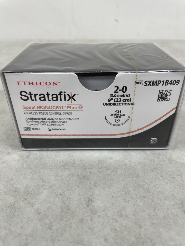 SXMP1B409 - ETHICON - STRATAFIX 螺旋單絲可吸收縫合線，錐形尖端，可吸收，HS 26mm 1/2 圓，9 英寸 = 23 厘米，2-0 號，（盒/12）-（有效期：2026-04-30）