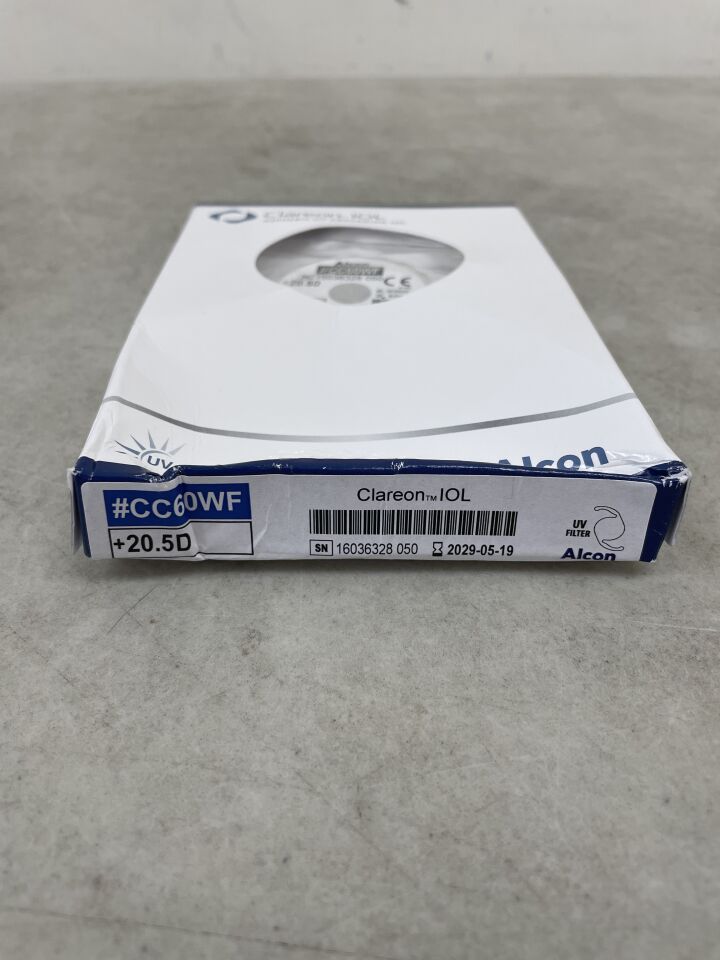 Clareon IOL CC60WF lens box with +20.5D power, medical packaging on gray surface