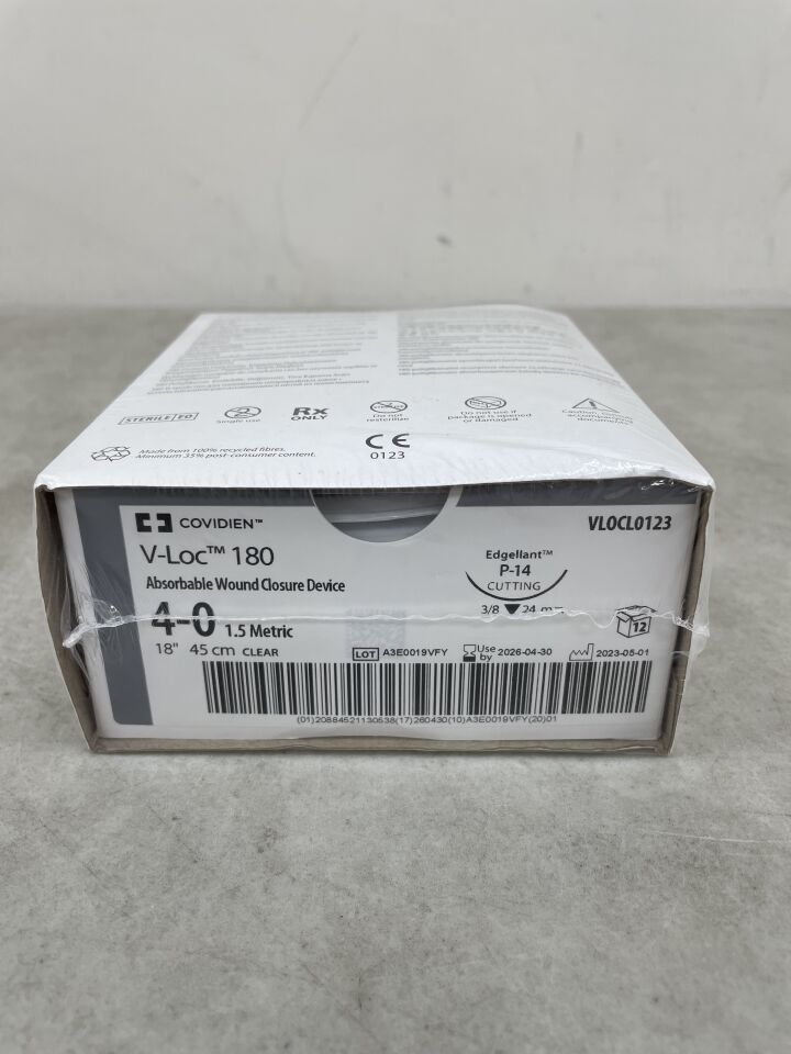 VLOCL0123 - COVIDIEN - 4-0 Medtronic V-Loc 180 - Conector dentado transparente de 18" P-14 (PS-1), corte inverso (BX/12) - (Fecha de caducidad: 30/04/2026)