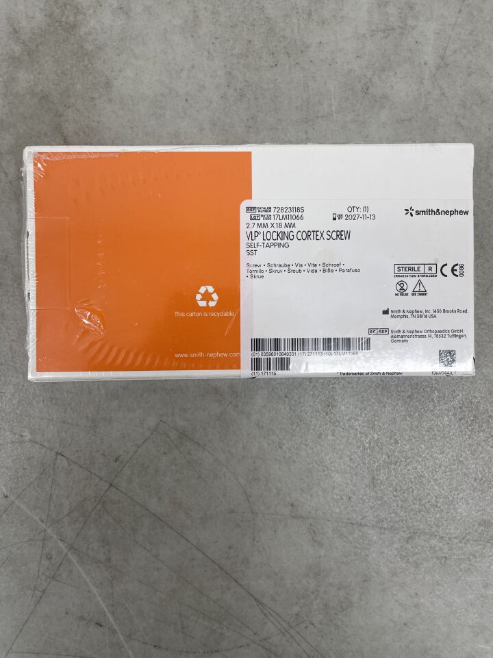 72823118S - SMITH &amp; NEPHEW - Tornillo de cortical autorroscante de bloqueo de 2,7 mm con base VLP, 18 mm (caja/1) - (Fecha de caducidad: 13/11/2027)
