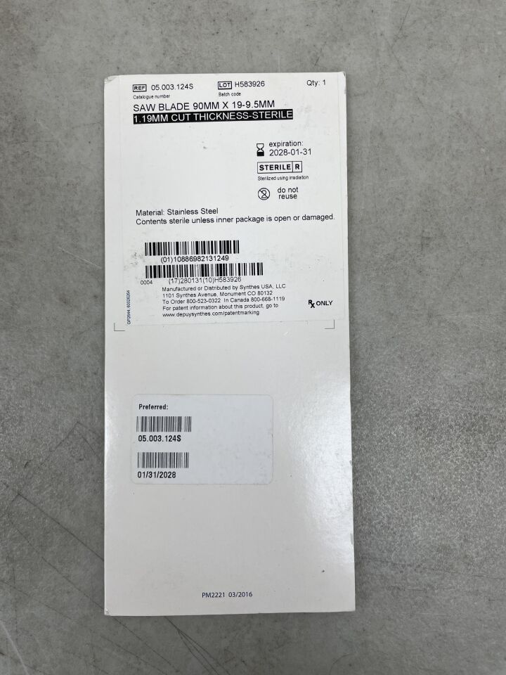 05.003.124S - SYNTHES - Saw Blade, 90mm x 19-9.5mm, 1.19mm Cut Thickness, (BX/1) - ( Expiry Date: 2028-01-31 )