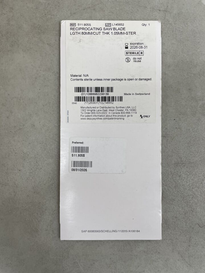 511.905S - SYNTHES - Reciprocating Saw Blade, 80 mm Usable Length, 1.05 mm Cut Thinkness, 10 mm Width, Sterile, (BX/1) - ( Expiry Date: 2026-08-31 )