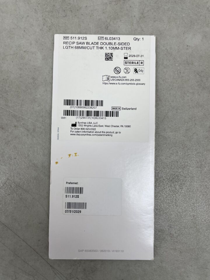511.912S - SYNTHES - Reciprocating Saw Blade, (BX/1) - ( Expiry Date: 2029-07-31 )