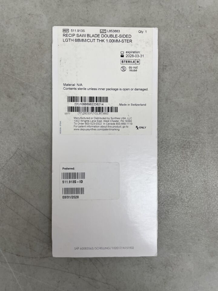 511.913S - SYNTHES - Reciprocating Saw Blade, 68 mm Usable Length, 1 mm Cut Thinkness, 12 mm Width, Sterile, (BX/1) - ( Expiry Date: 2028-03-31 )