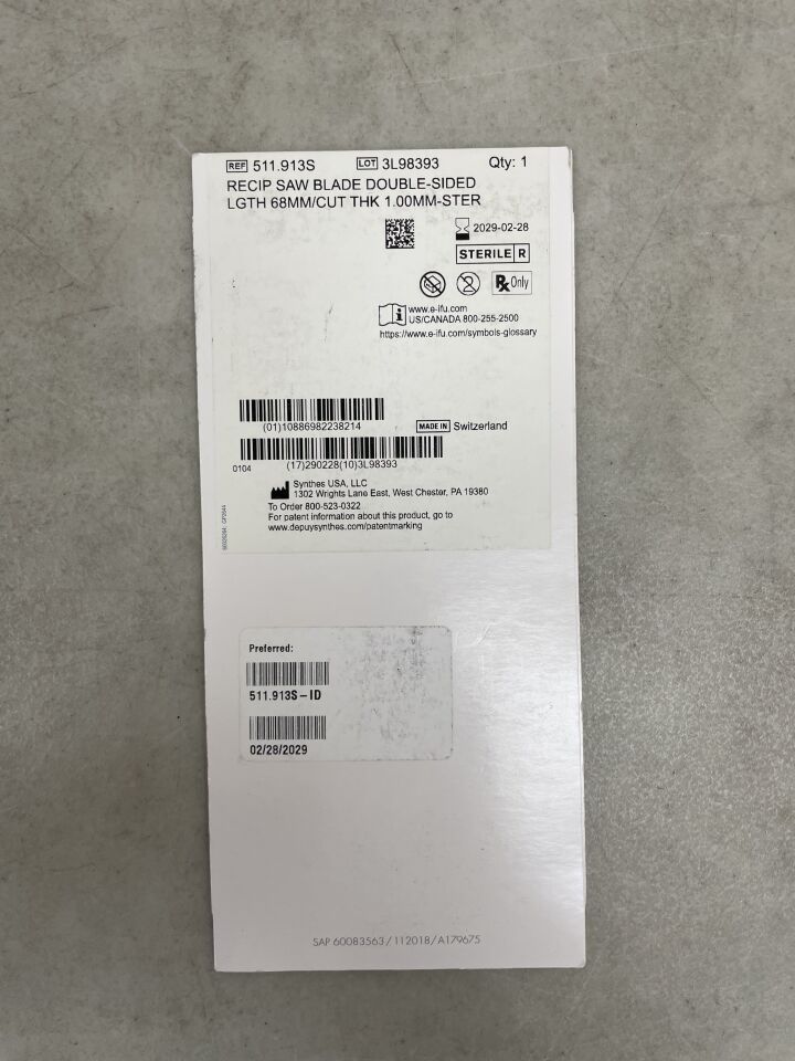 511.913S - SYNTHES - Reciprocating Saw Blade, 68 mm Usable Length, 1 mm Cut Thinkness, 12 mm Width, Sterile, (BX/1) - ( Expiry Date: 2029-02-28 )