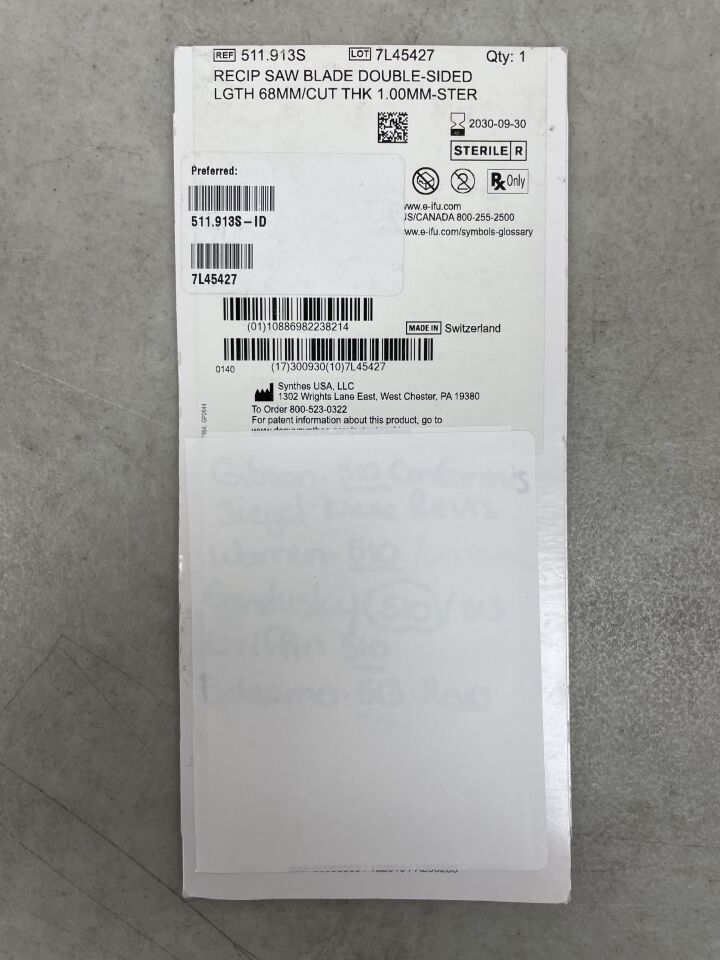 511.913S - SYNTHES - Reciprocating Saw Blade, 68 mm Usable Length, 1 mm Cut Thinkness, 12 mm Width, Sterile, (BX/1) - ( Expiry Date: 2030-09-30 )