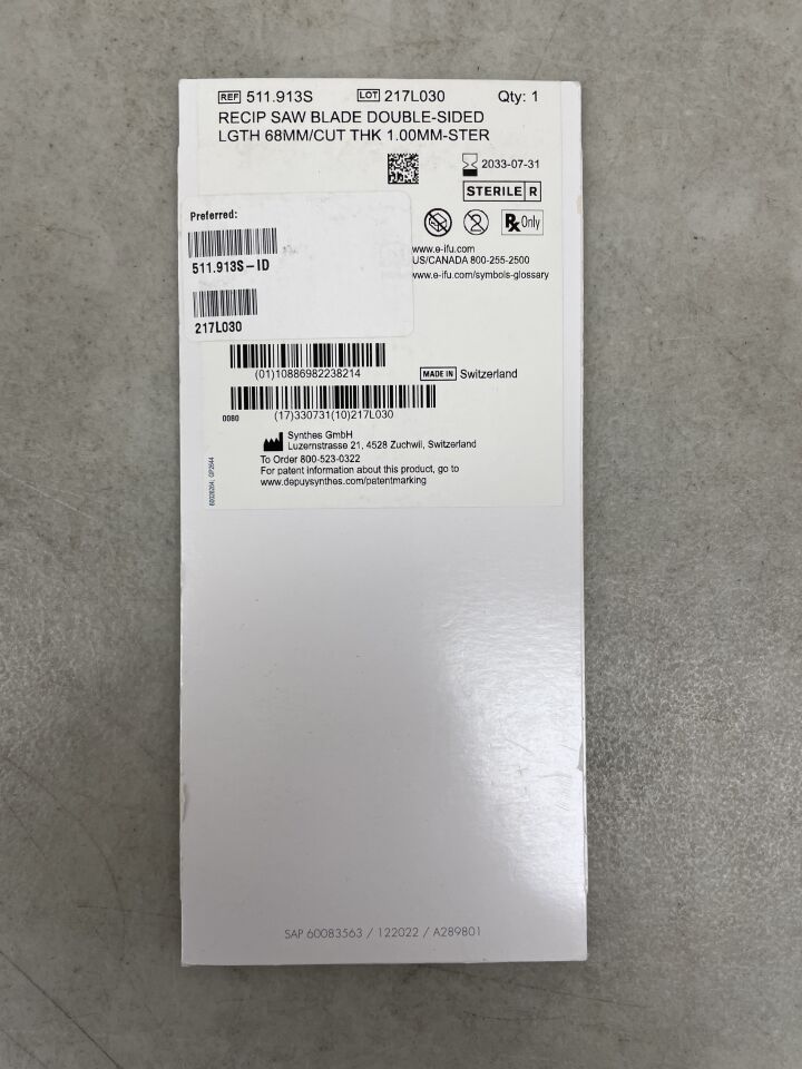 511.913S - SYNTHES - Reciprocating Saw Blade, 68 mm Usable Length, 1 mm Cut Thinkness, 12 mm Width, Sterile, (BX/1) - ( Expiry Date: 2033-07-31 )